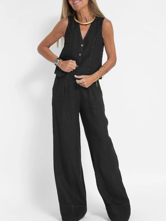 Aira | Buttoned Vest & Wide-Leg Trousers Set