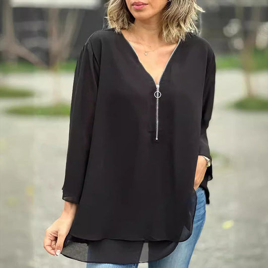 Iris | V-Neck Flowy Zipped Top