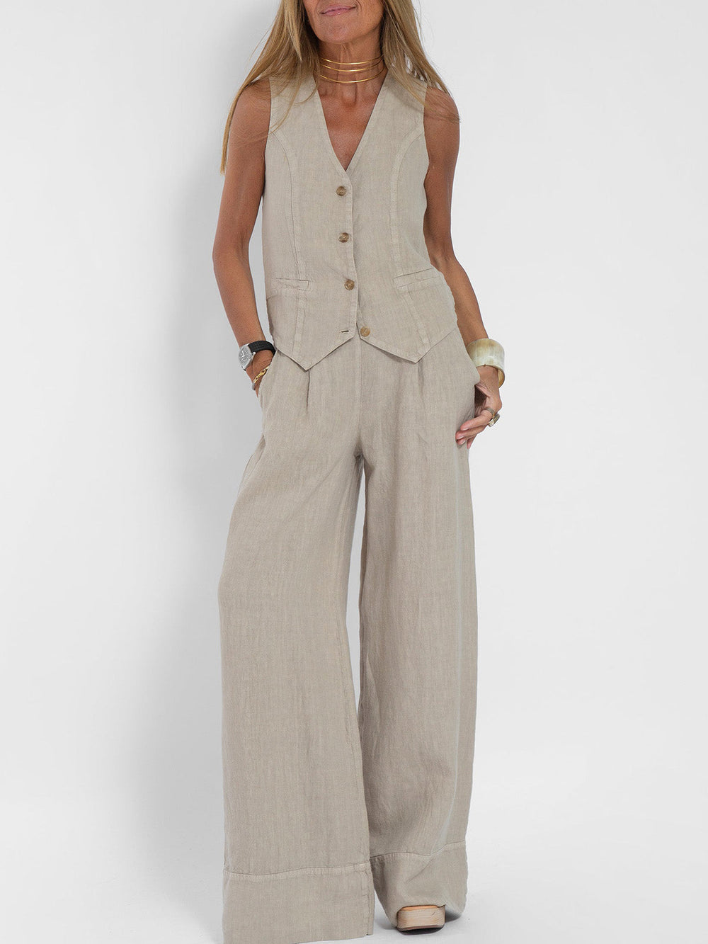 Aira | Buttoned Vest & Wide-Leg Trousers Set